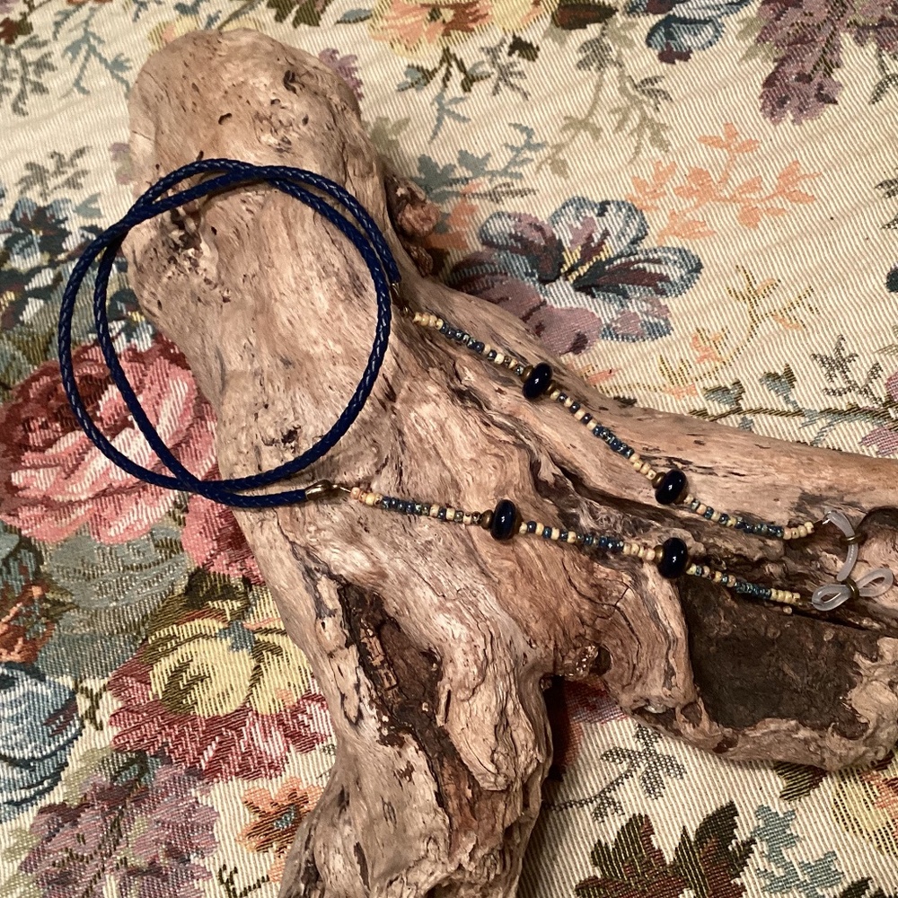 Dark Blue Braided Cord Beaded Eyeglass Leash / Chain / Lanyard